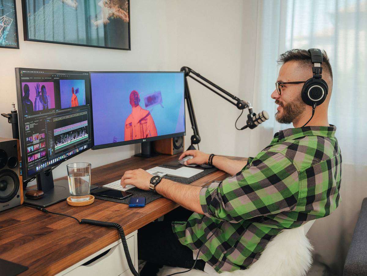 Streamer using a flat base light stand with dual LED panels mounted securely on a low-profile weighted base